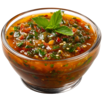 A bowl of salsa with green leaves and herbs png