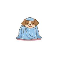An icon of a cute cartoon puppy wrapped snugly in a blue blanket, symbolizing coziness, comfort, and warmth. vector