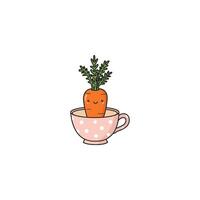 An icon of a cute cartoon carrot with a smiling face and green leafy top, placed inside a pink polka-dotted teacup. vector