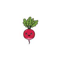 An icon of a cute cartoon radish with a pink body, green leaves, and a happy smile, symbolizing freshness and a crisp bite. vector