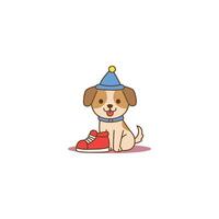 An icon of a cute cartoon puppy wearing a blue party hat and with a red shoe on its head, symbolizing playfulness, mischief, and a humorous moment. vector