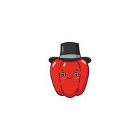 An icon of a cute cartoon red bell pepper wearing a black top hat, giving it a formal, sophisticated, or magical appearance. vector
