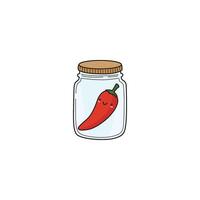 An icon of a cute cartoon red chili pepper with a smiling face, sealed inside a clear glass jar with a brown lid. vector