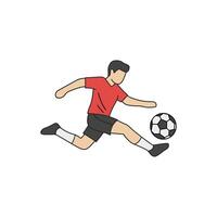An icon of a male soccer player in a red shirt and black shorts, in the motion of kicking a soccer ball. vector