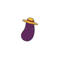 An icon of a cute cartoon purple eggplant wearing a straw hat, suggesting summer, gardening, or a relaxed outdoor vibe. vector