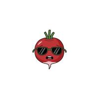 An icon of a cute cartoon radish wearing cool sunglasses, portraying a confident or unbothered attitude. vector