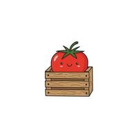 An icon of a cute cartoon red tomato with a smiling face, resting inside a rustic wooden crate. vector