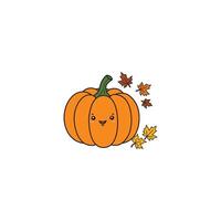 An icon of a cute cartoon orange pumpkin with autumn leaves scattered around it, symbolizing the fall season. vector