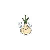 An icon of a cute cartoon garlic bulb with raindrops falling around it, indicating rainy weather or a moist environment. vector