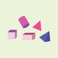 Illustrations of geometric shapes such as cubes, blocks, cylinders, prisms and pyramids with bright colors, suitable for children's learning media, educational design, mathematics vector