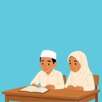 Illustration of two Muslim children studying together at a wooden table. The boy wears a white peci, the girl a cream-colored hijab, and the bright blue background creates a calm atmosphere. vector