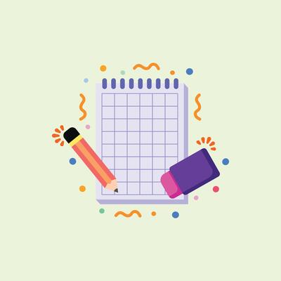 Illustration of a notebook in flat design with a pencil and eraser in bright colors, suitable for educational themes, stationery, studying, school, or everyday writing activities.