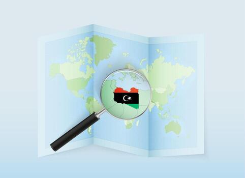 A folded world map with a magnifying lens pointing towards Libya. Map and flag of Italy in loupe. vector