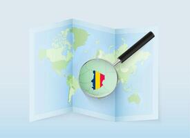 A folded world map with a magnifying lens pointing towards Chad. Map and flag of Italy in loupe. vector