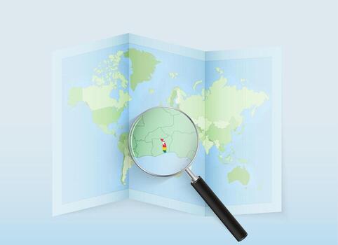 A folded world map with a magnifying lens pointing towards Togo. Map and flag of Italy in loupe. vector
