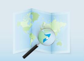 A folded world map with a magnifying lens pointing towards Somalia. Map and flag of Italy in loupe. vector