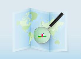 A folded world map with a magnifying lens pointing towards Central African Republic. Map and flag of Italy in loupe. vector