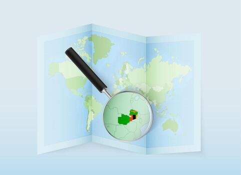 A folded world map with a magnifying lens pointing towards Zambia. Map and flag of Italy in loupe. vector