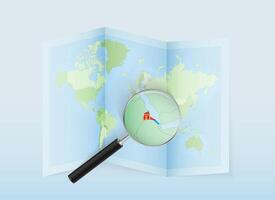 A folded world map with a magnifying lens pointing towards Eritrea. Map and flag of Italy in loupe. vector