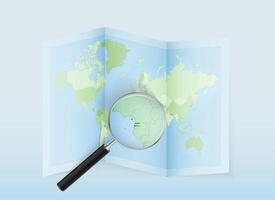 A folded world map with a magnifying lens pointing towards Equatorial Guinea. Map and flag of Italy in loupe. vector