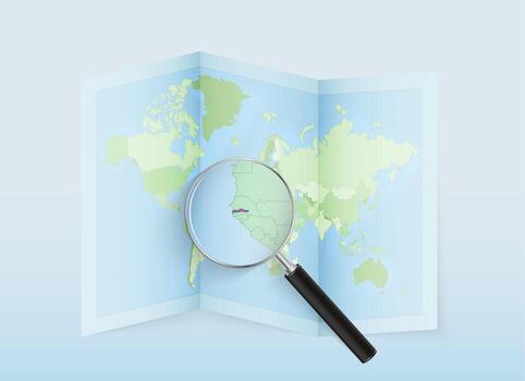 A folded world map with a magnifying lens pointing towards Gambia. Map and flag of Italy in loupe. vector