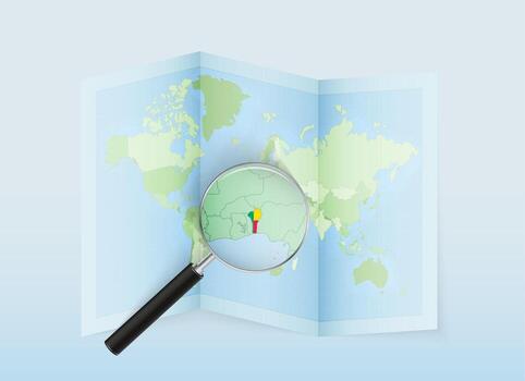 A folded world map with a magnifying lens pointing towards Benin. Map and flag of Italy in loupe. vector
