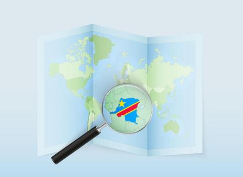 A folded world map with a magnifying lens pointing towards DR Congo. Map and flag of Italy in loupe. vector