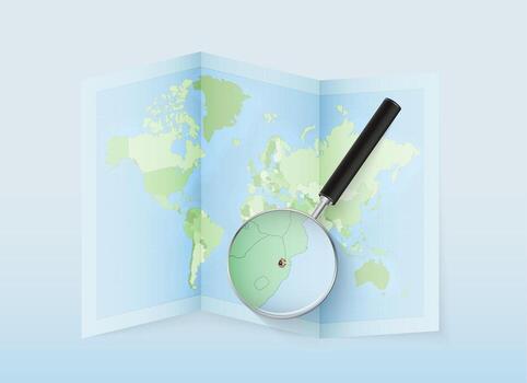 A folded world map with a magnifying lens pointing towards Swaziland. Map and flag of Italy in loupe. vector