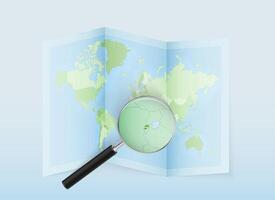 A folded world map with a magnifying lens pointing towards Rwanda. Map and flag of Italy in loupe. vector