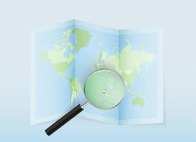 A folded world map with a magnifying lens pointing towards Burundi. Map and flag of Italy in loupe. vector