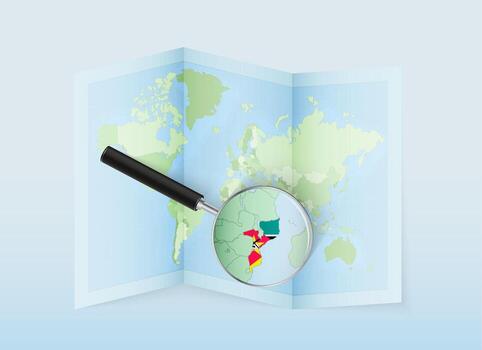 A folded world map with a magnifying lens pointing towards Mozambique. Map and flag of Italy in loupe. vector