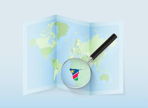 A folded world map with a magnifying lens pointing towards Namibia. Map and flag of Italy in loupe. vector