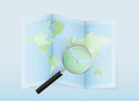 A folded world map with a magnifying lens pointing towards Djibouti. Map and flag of Italy in loupe. vector