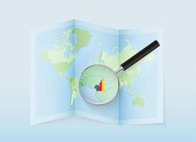 A folded world map with a magnifying lens pointing towards Cameroon. Map and flag of Italy in loupe. vector