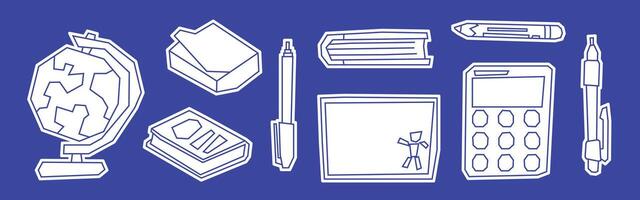 White Filled School Desk Essentials Elements Icon Set in Cutout Style vector