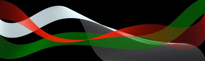 Flowing abstract ribbons in red, green, white, and black curve gracefully over a dark background, forming a modern wave-like design with a sleek and dynamic appearance. vector