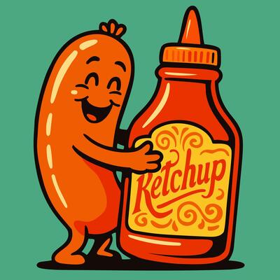 Sausage hugging ketchup bottle. Retro cartoon groovy illustration