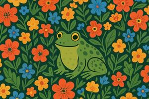 Frog in flowers. Bright floral pattern vector