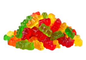Assorted gummy bear candies in various colors against a transparent background. Perfect for celebrations. png