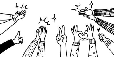 doodle illustration of various cartoon hands making positive gestures such as clapping, thumbs up, peace sign, heart hands, and finger heart. vector