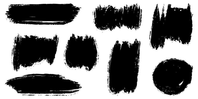 set of bold black paint brush stroke textures with rough grunge edges on a white background. Ideal for digital artwork, graphic design, banners, posters, and abstract elements.