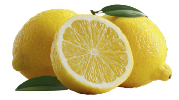 Fresh Bright Yellow Lemons with Green Leaves on Transparent Background png