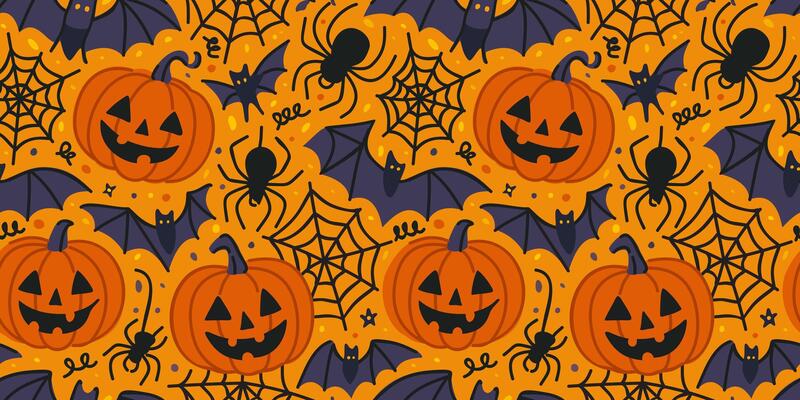 Halloween pattern with pumpkins, bats, spiders and webs on yellow background