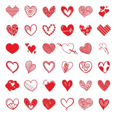 Hand drawn red hearts doodles collection, Hearts Shapes Icons.