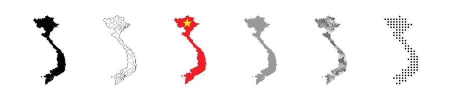 Set of political maps of Vietnam with regions and flag map isolated on white background. Grayscale and dotted map of vietnam. vector
