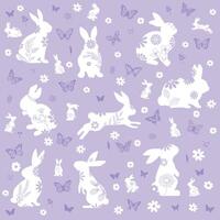 Set of cute white rabbit illustration. Adorable bunny with different poses, butterflies, flowers. Hand drawn design for decorative, card, kids. vector