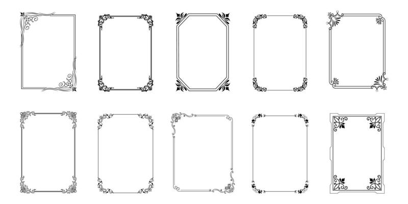 Retro ornamental frame set. Decorative vintage frames, borders, corners illustration.