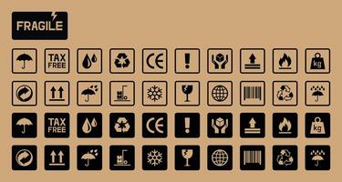 Fragile package icons set, handle with care logistics and delivery shipping labels illustration. vector