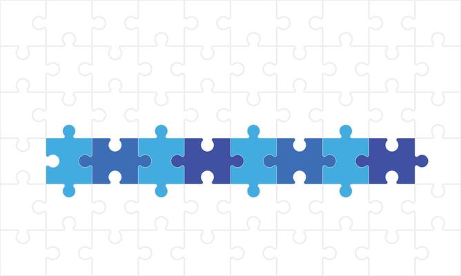 Puzzle style timeline concept of eight dependent components or parts of business project. 8 steps infographic template.