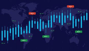 A global financial chart showing a world map in the background with stock market graph and data visualizations overlaid, indicating economic trends and performance vector